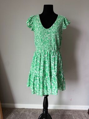 Universal Thread Green and White Floral Smocked Mini Dress